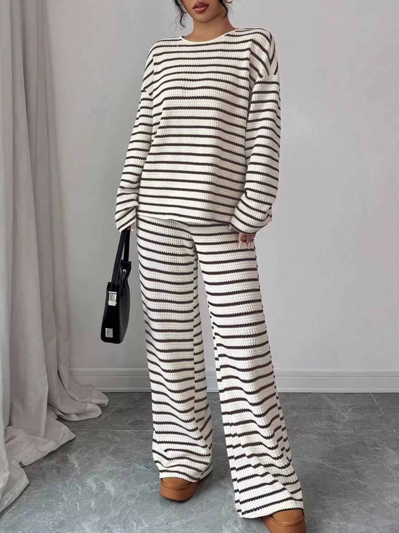 Striped Knit Dropped Shoulder Top and Pants Set Secondary image