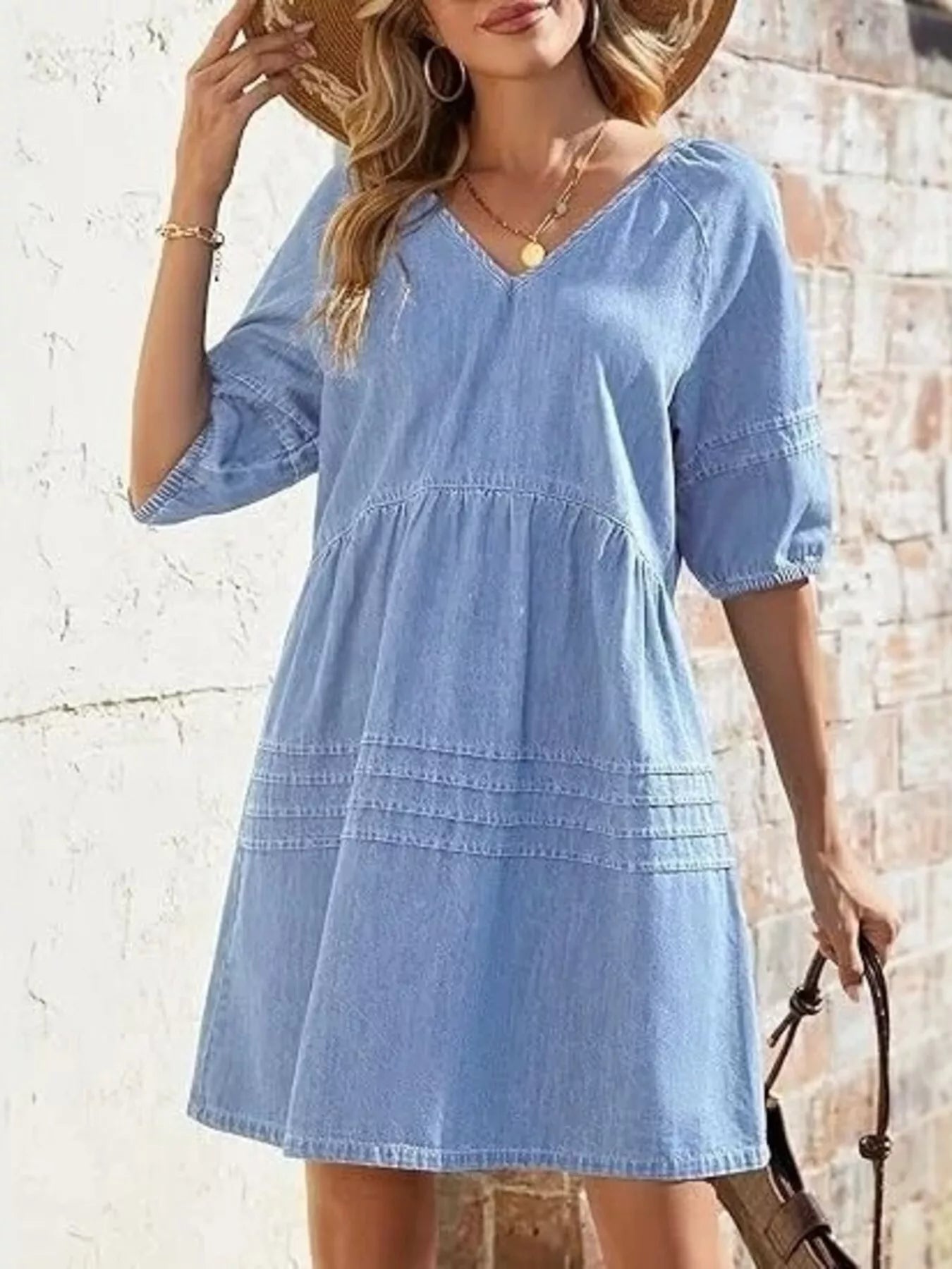 Casual V-Neck Puff Sleeve Denim Mini Dress Secondary image