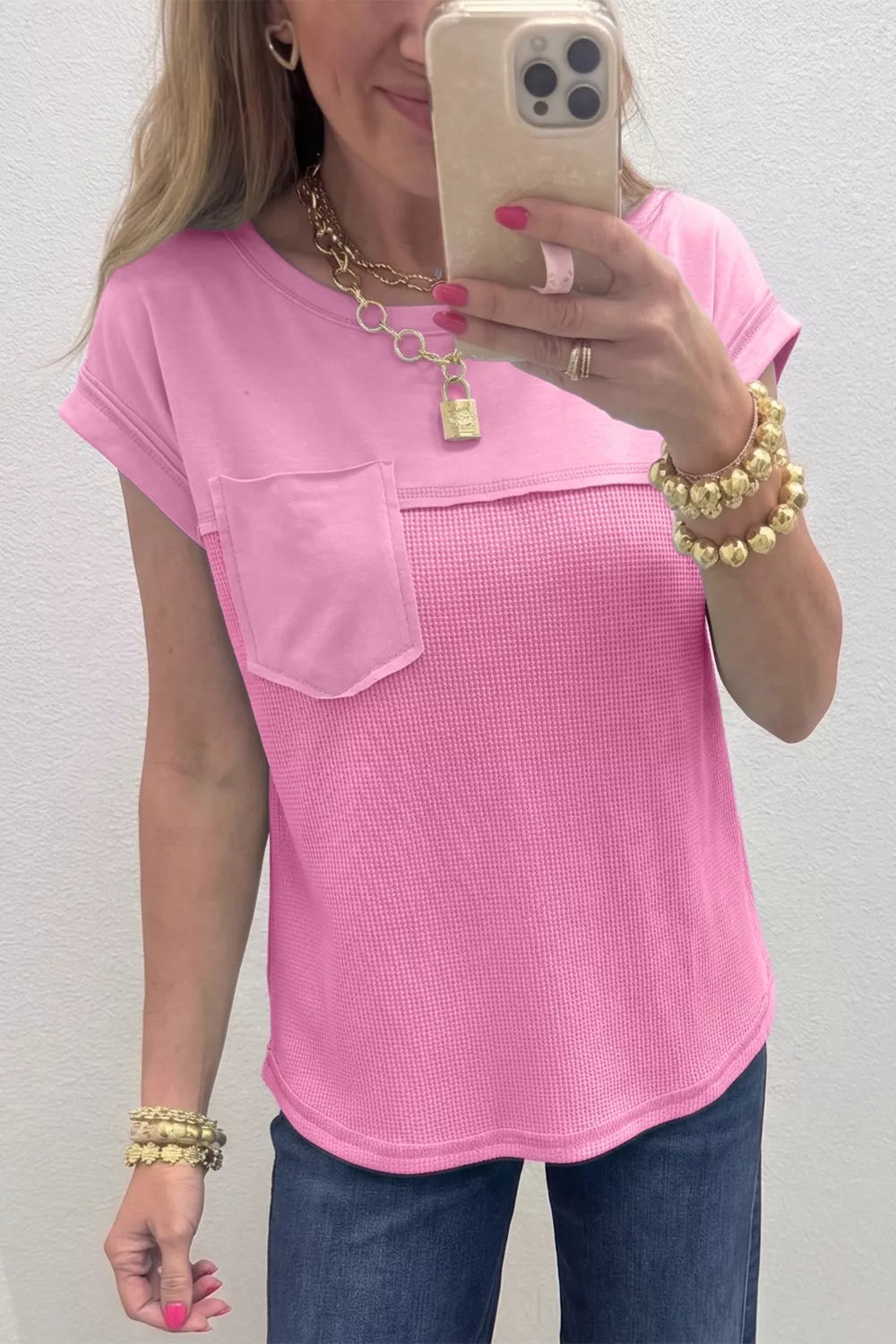 Solid Color Raw Seam Waffled Patchwork Casual T Shirt Secondary image