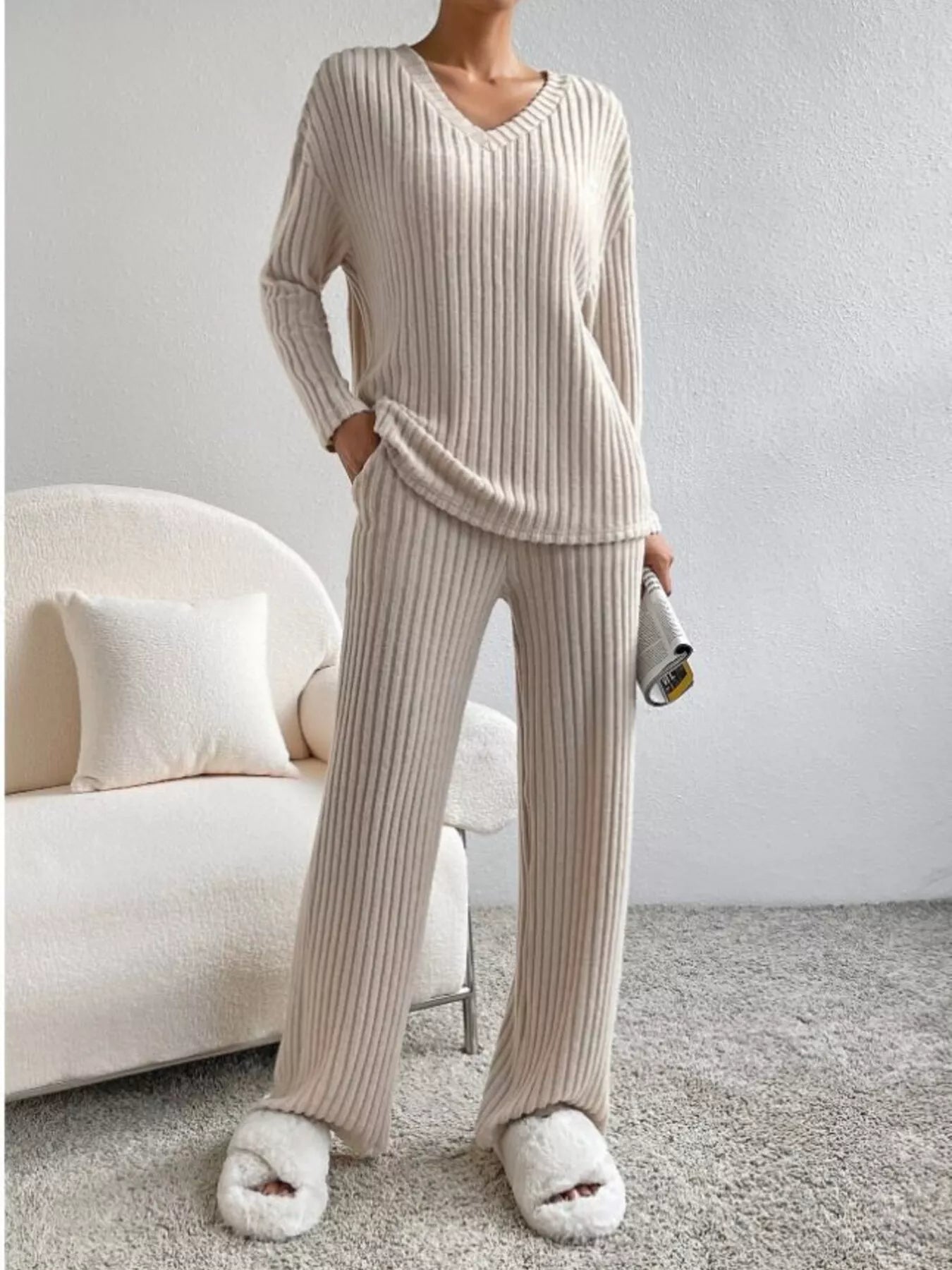 Ribbed Knit V-Neck Top and Pants Set Secondary image