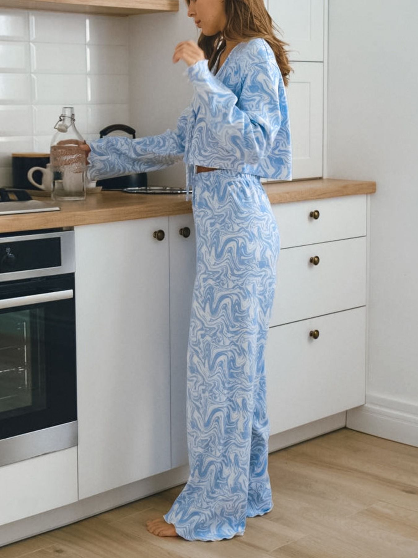 Tie Front Long Sleeve Top and Pants Lounge Set Secondary image