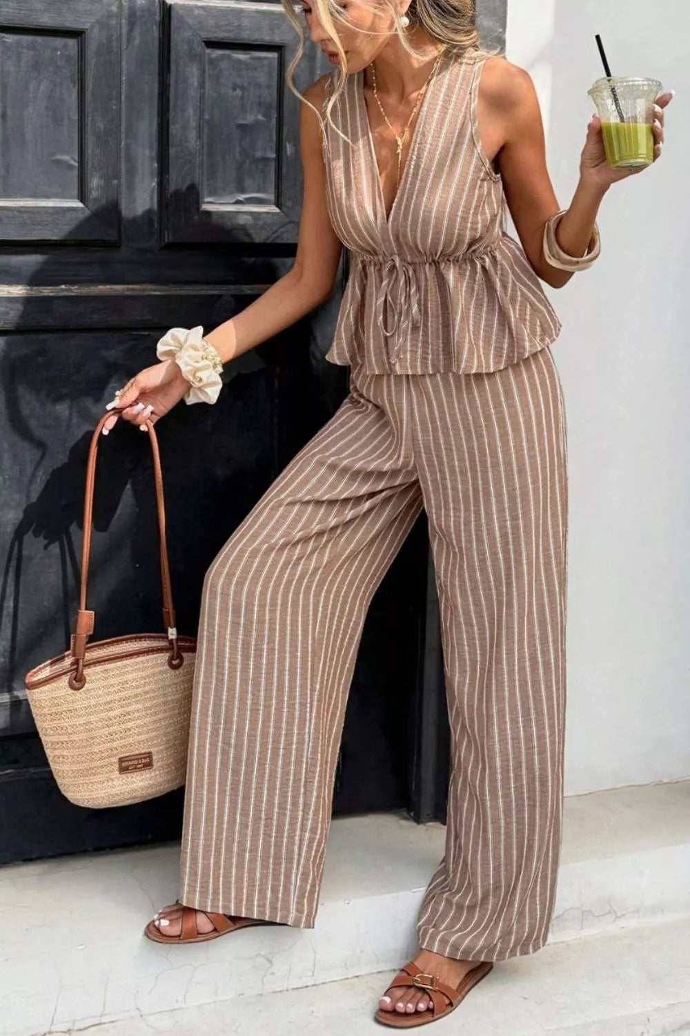 Striped Sleeveless Top and Wide Leg Pants Set Secondary image