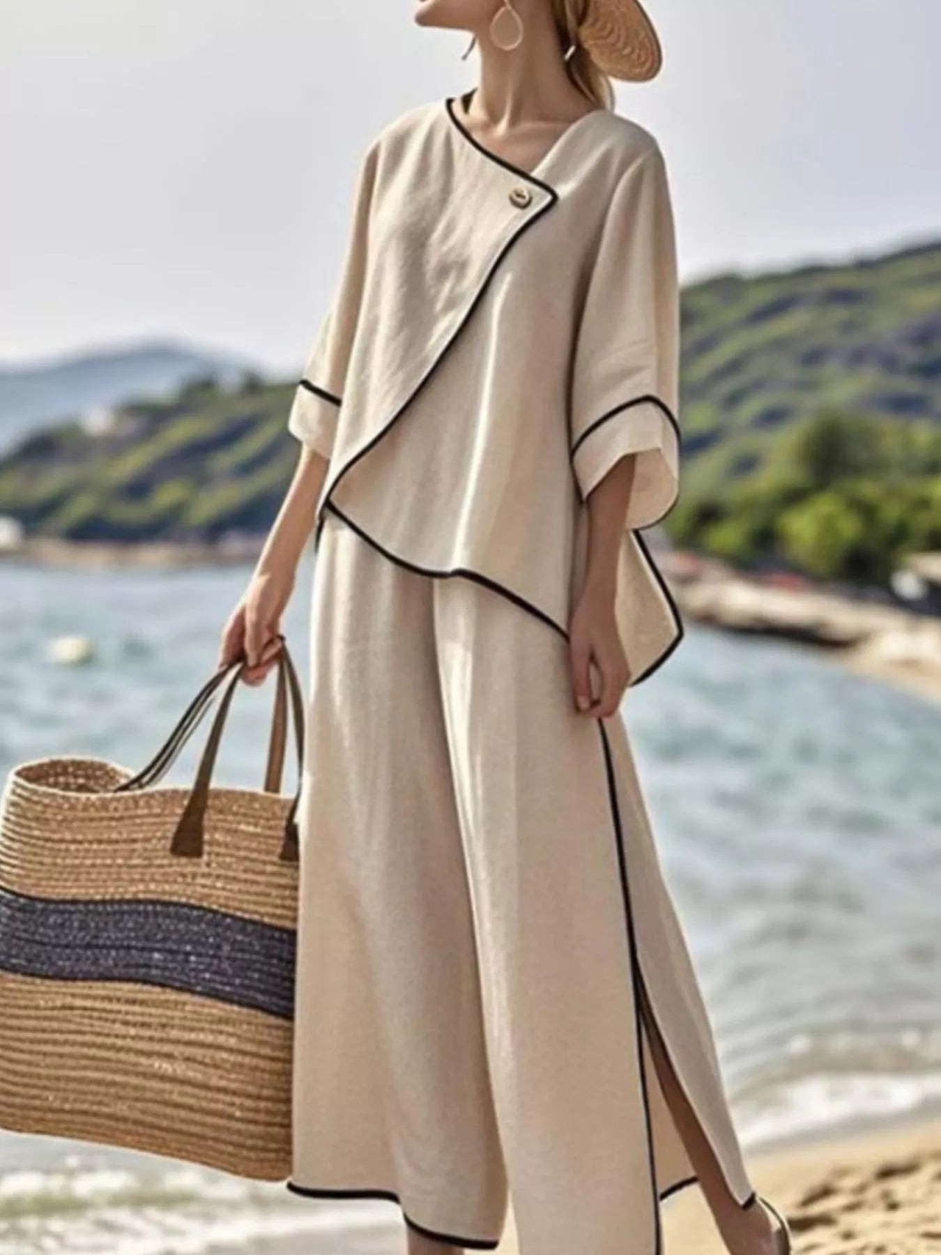 Full Size Contrast Trim Top and Wide Leg Pants Set Plus Size Secondary image