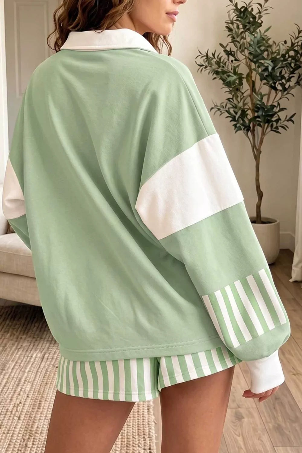 Striped Color Block Pullover Top Drawstring Shorts Set Secondary image