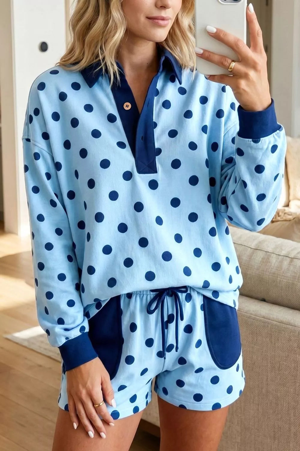 Polka Dot Drop Shoulder Polo Loose Pullover Patch Pocket Casual Shorts Set Secondary image