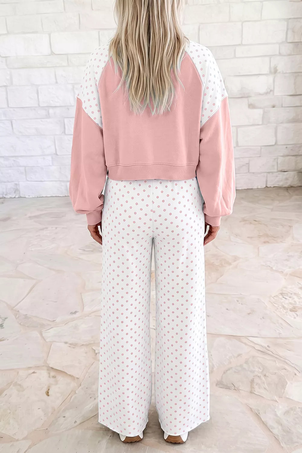 Polka Dot Cropped Sweatshirt and Wide-Leg Pants Set Secondary image