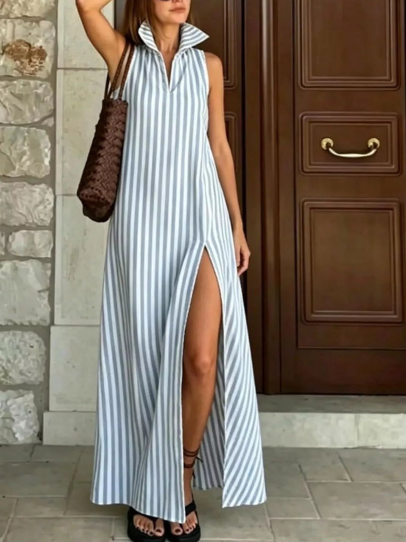 Full Size Striped Maxi Dress with High Slit Plus Size Secondary image