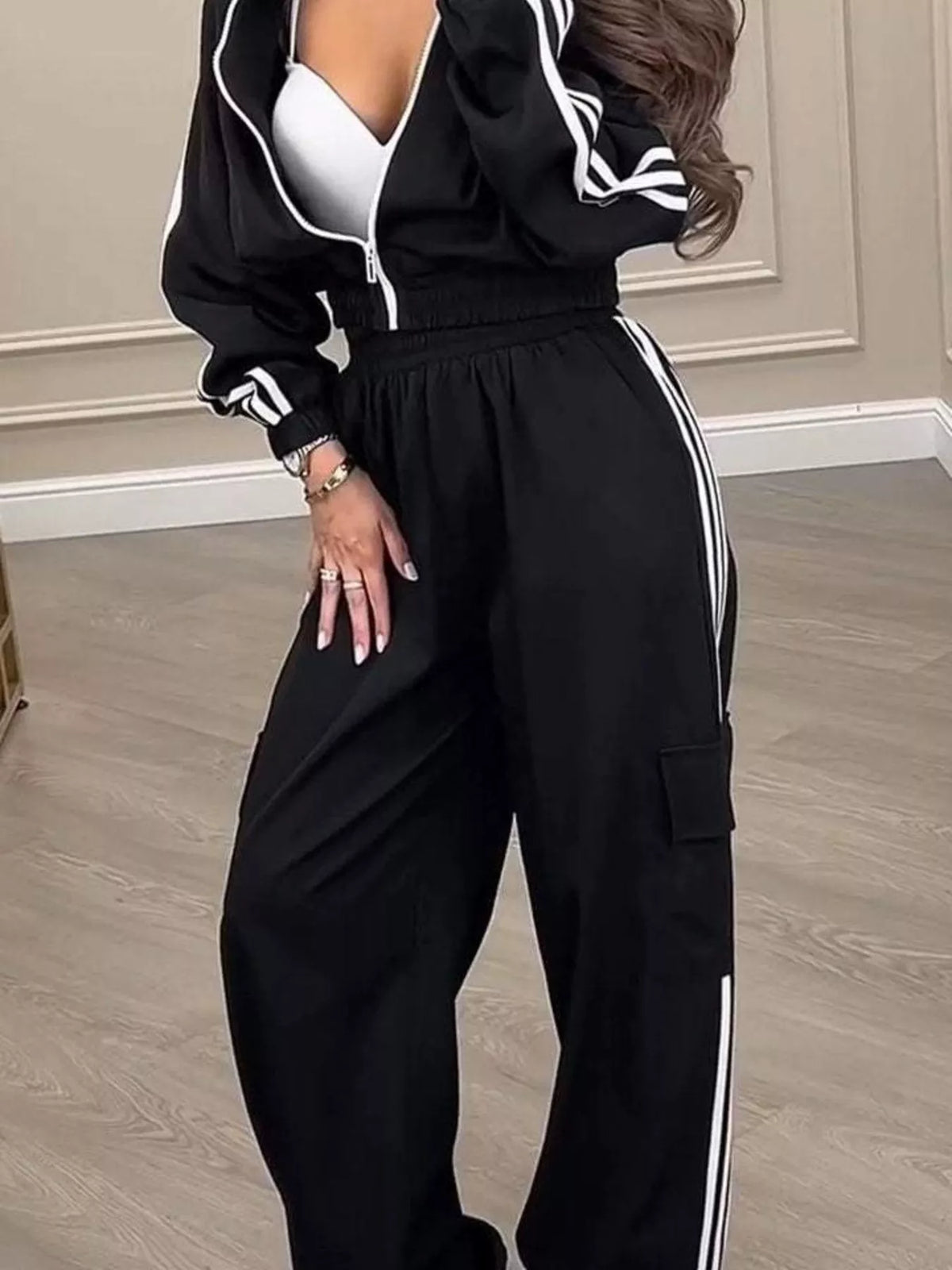Full Size Side Striped Zip Up Outerwear and Pants Set Plus Size - photo 3