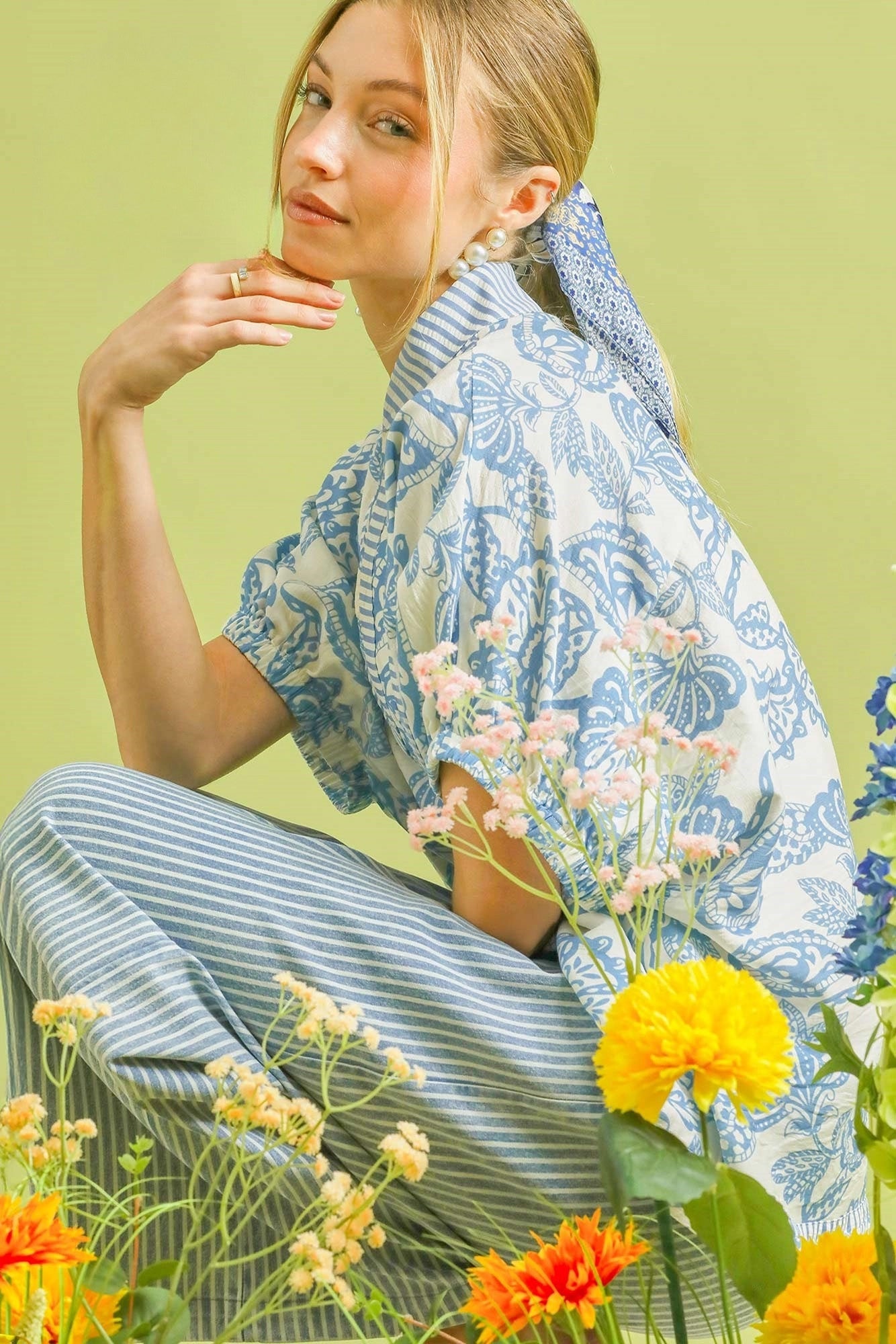 Umgee Botanical Print Mixed Trim Tunic Top Secondary image