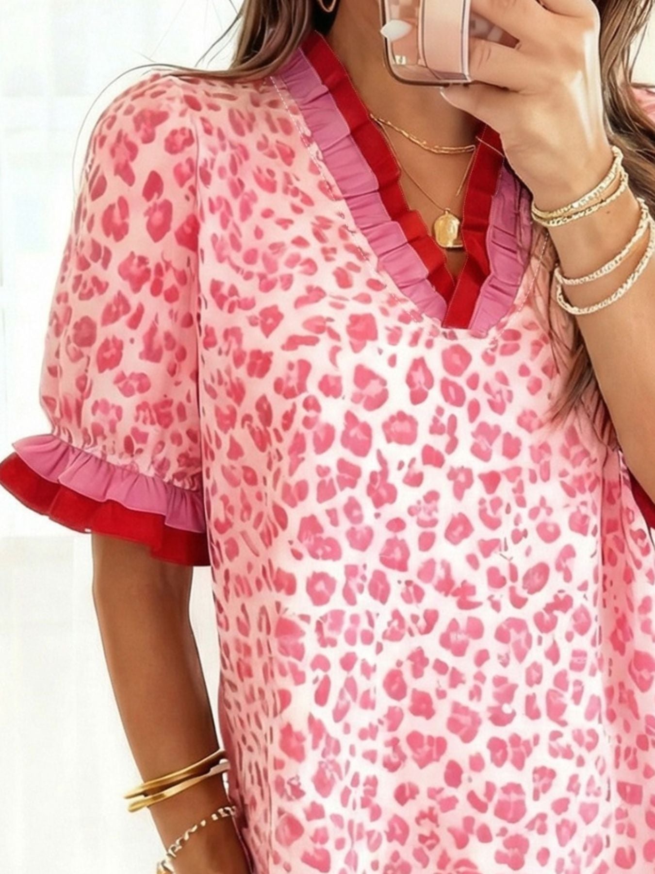 Leopard Print Frill Short Sleeve Blouse Secondary image
