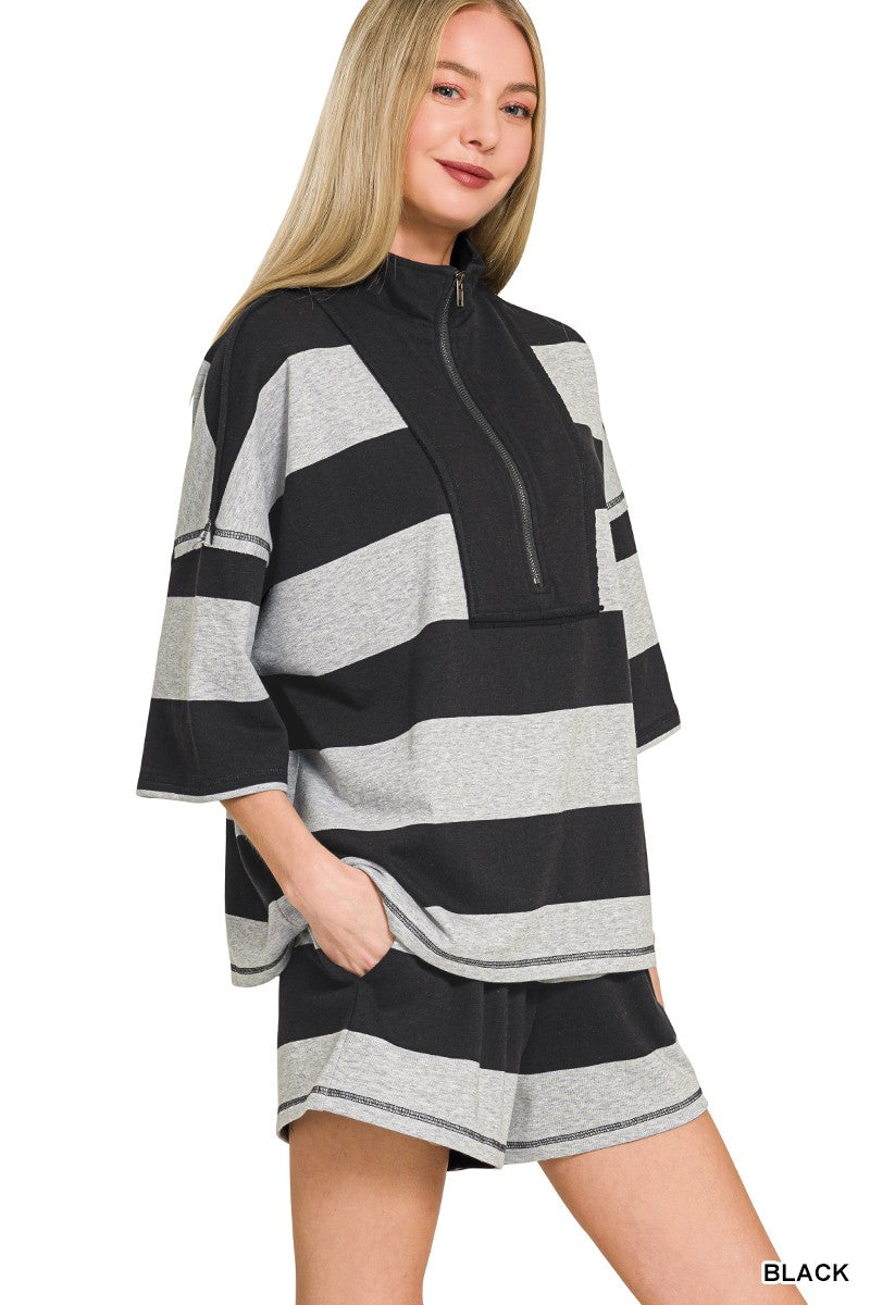 Zenana Frenchterry Striped Half Zip Top & Shorts Set Secondary image