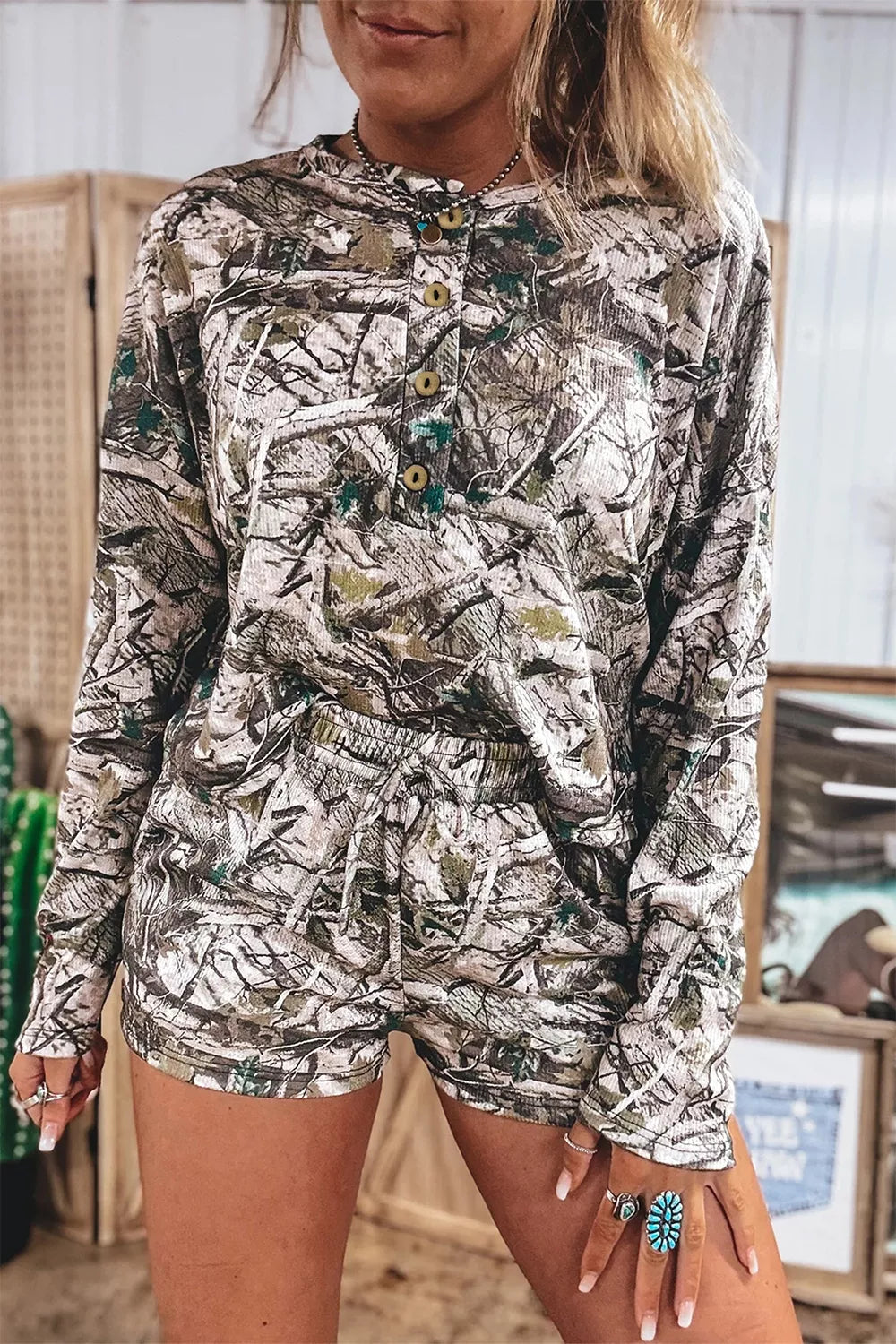 Camo Long Sleeve Top Elastic Waist Shorts Two Piece Set - photo 4