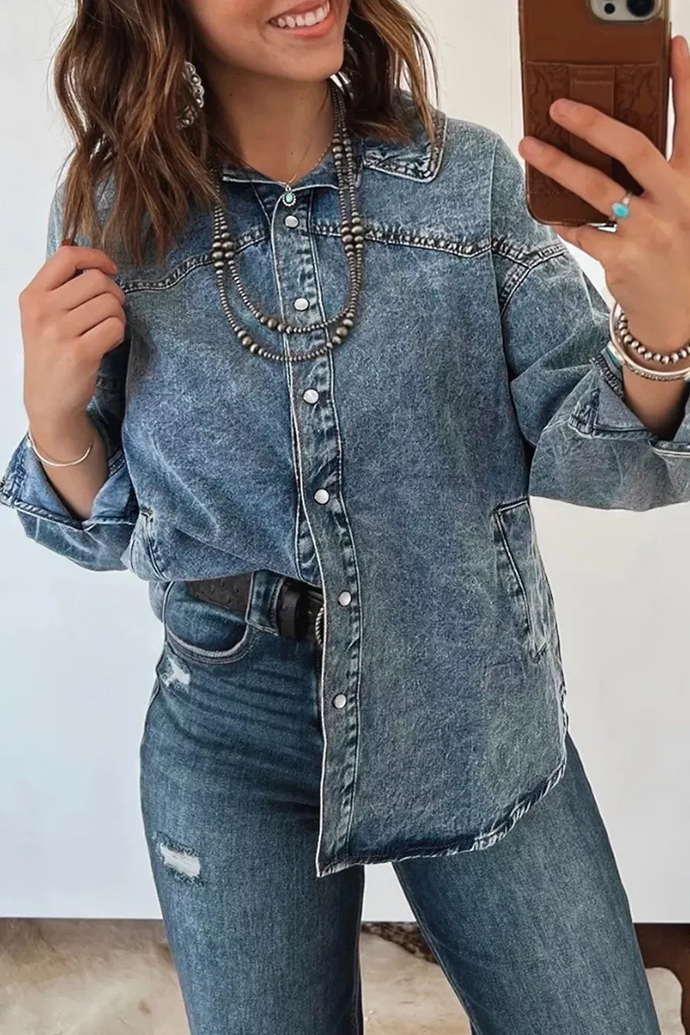 Western Long Sleeve Shirt Collar Tunic Denim Jacket Secondary image