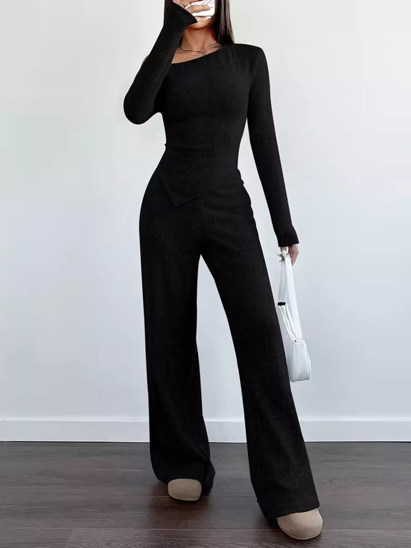 Chic One-Shoulder Asymmetrical Top and Wide-Leg Pants Set Secondary image