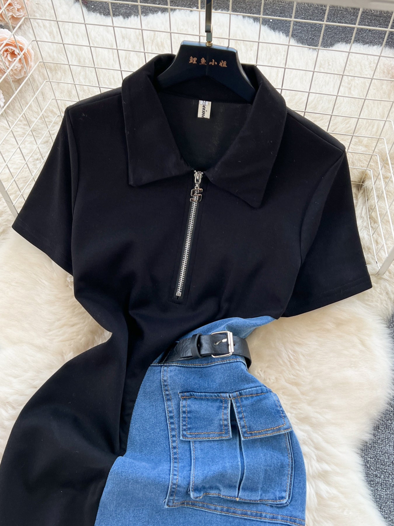Full Size Color Block Denim Patchwork Short Sleeve Midi Dress Plus Size Secondary image