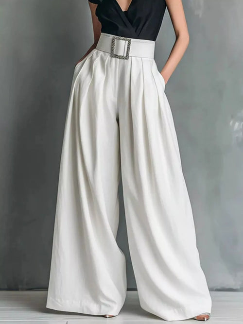 High-Waisted Wide-Leg Pants – White / Army Green