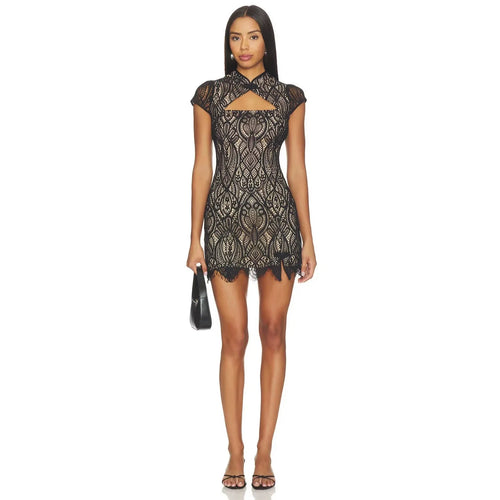 Black Chinese Style Cheongsam Dress | Stand Collar Lace Bodycon Mini Dress