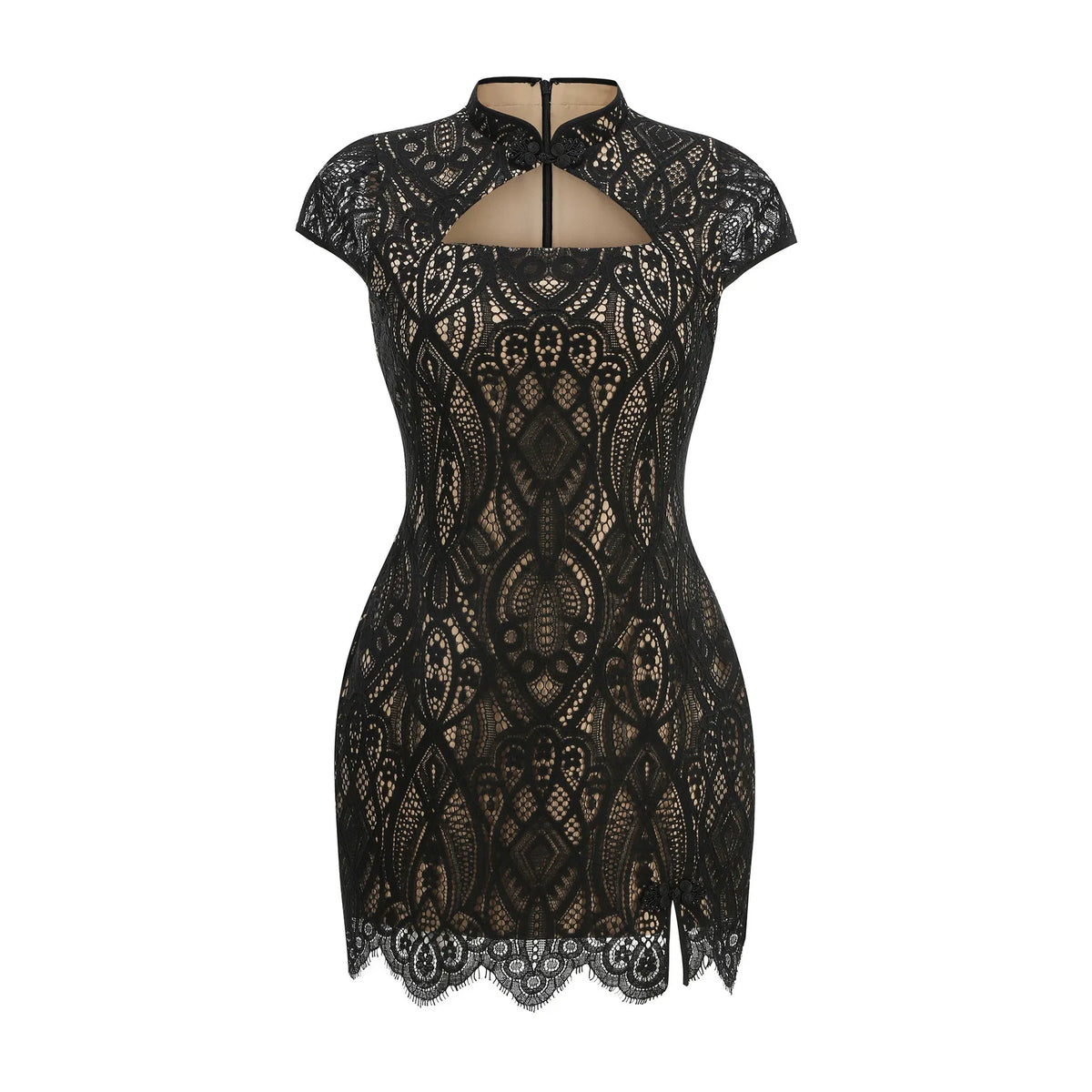 Black Chinese Style Cheongsam Dress | Stand Collar Lace Bodycon Mini Dress