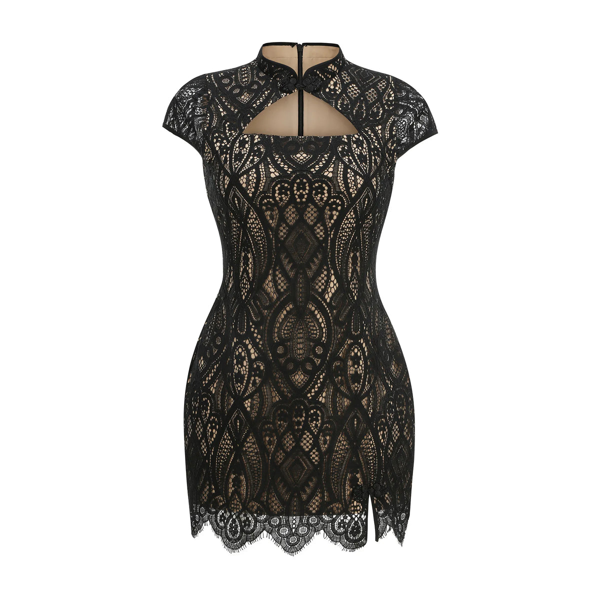 Black Chinese Style Cheongsam Dress | Stand Collar Lace Bodycon Mini Dress