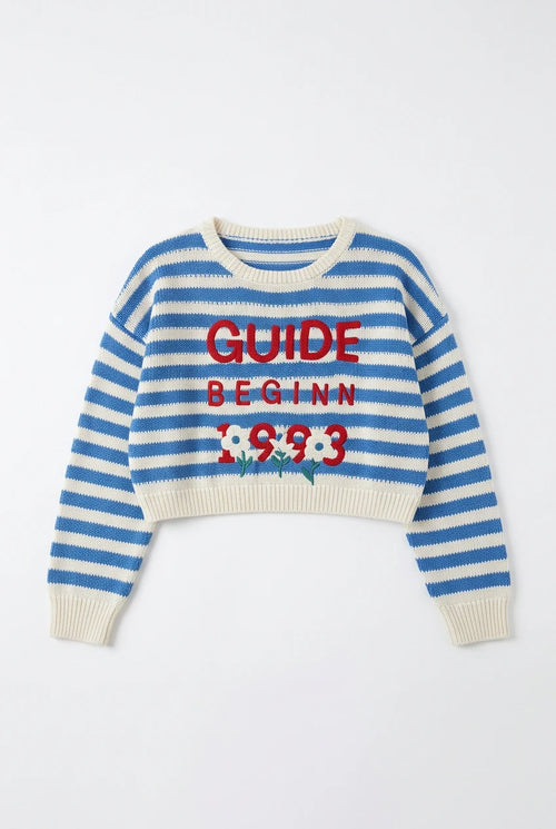 Women's Blue Embroidered Knit Sweater – Loose Fit Round Neck Pullover