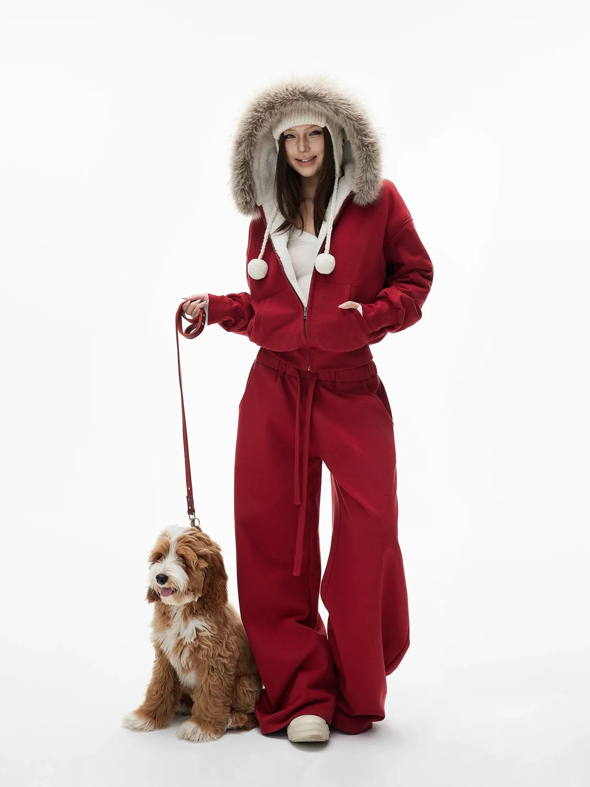 Brick Red Warm Sweatshirt Set | Hooded Top And Trousers
