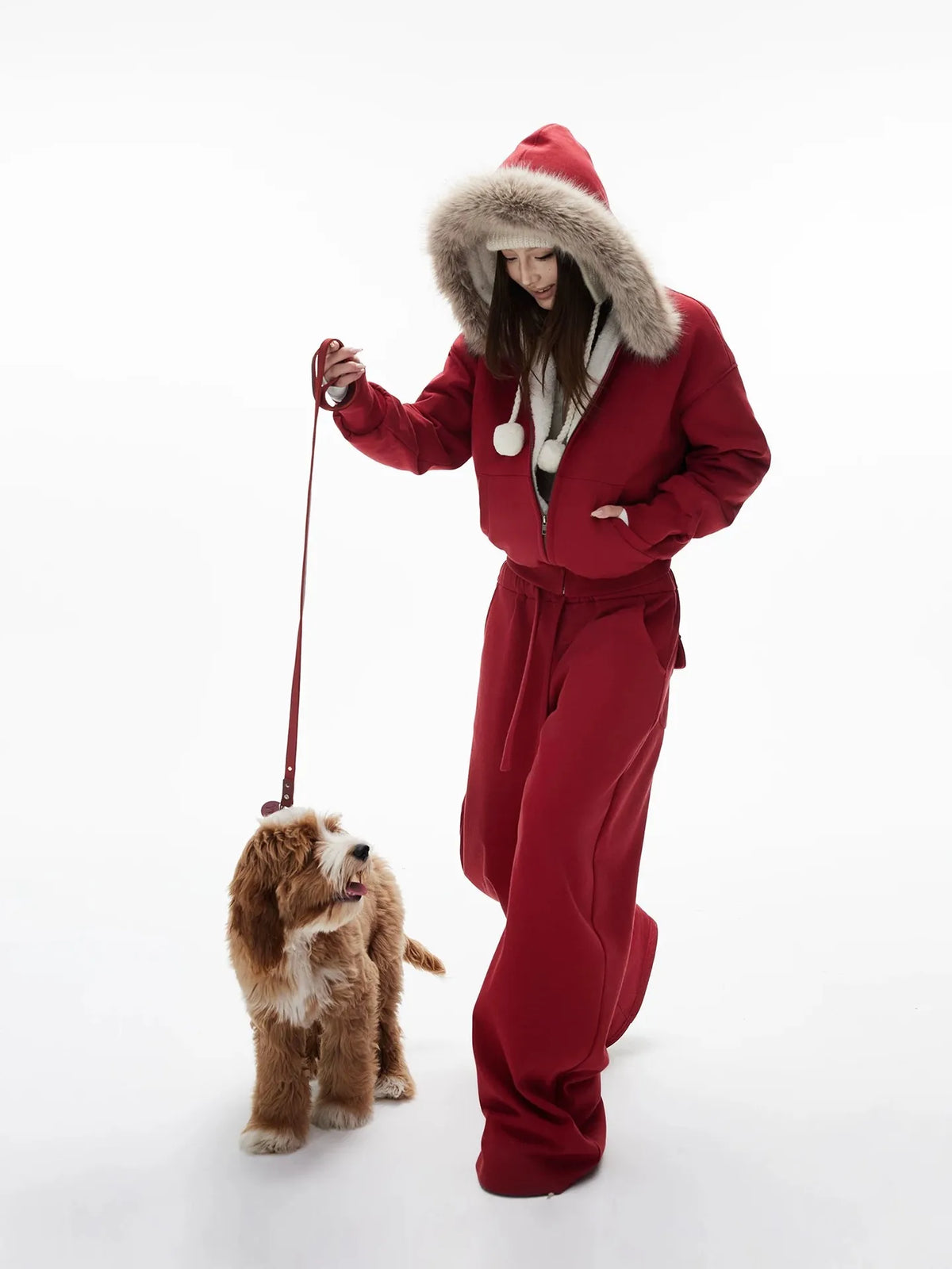 Brick Red Warm Sweatshirt Set | Hooded Top And Trousers