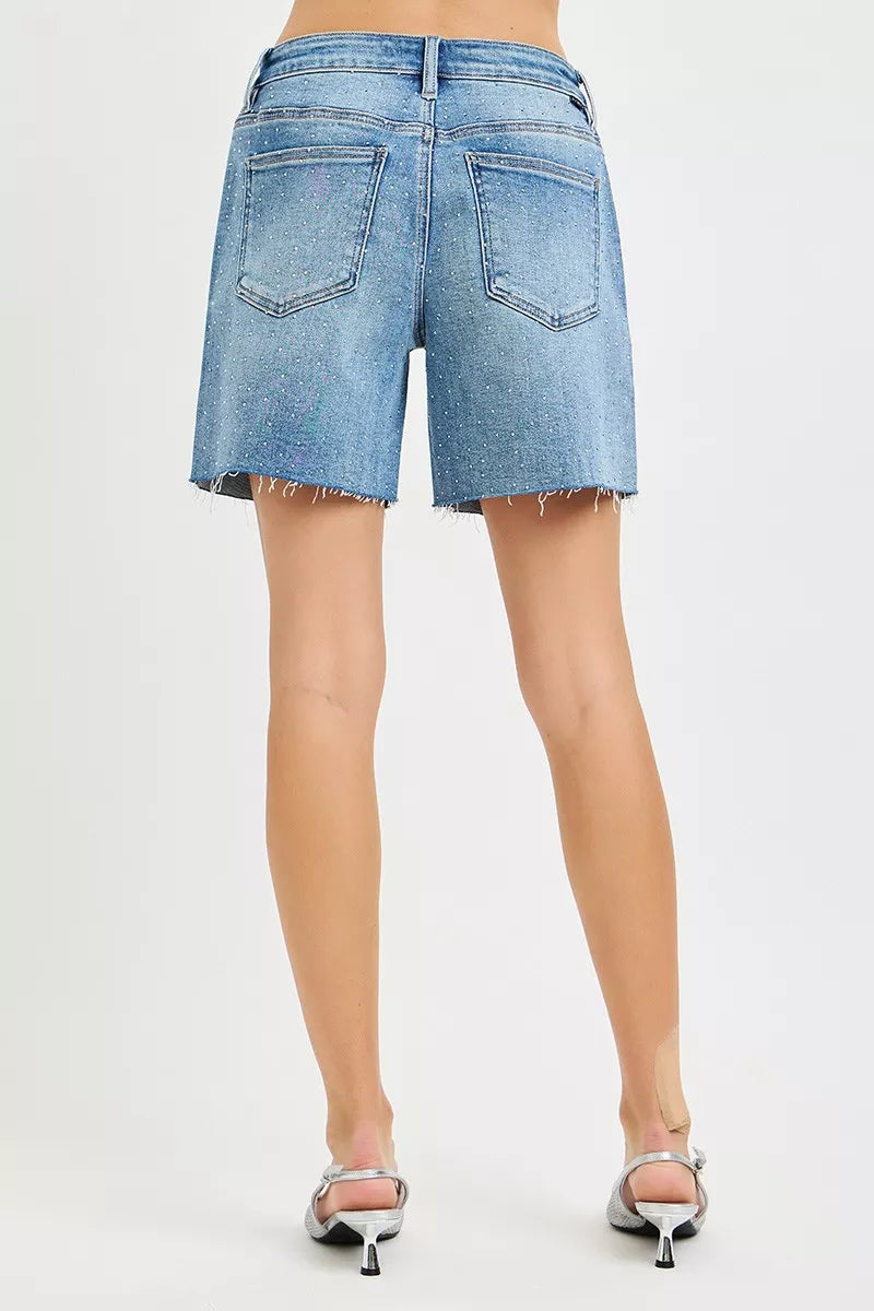 RISEN Slouchy Mid Length All Over Rhinestones Shorts Secondary image