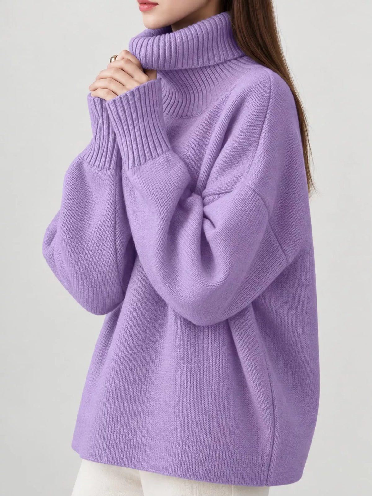 Women's Oversized Ribbed Turtleneck Sweater – Dropped Shoulder Relaxed Fit - photo 42