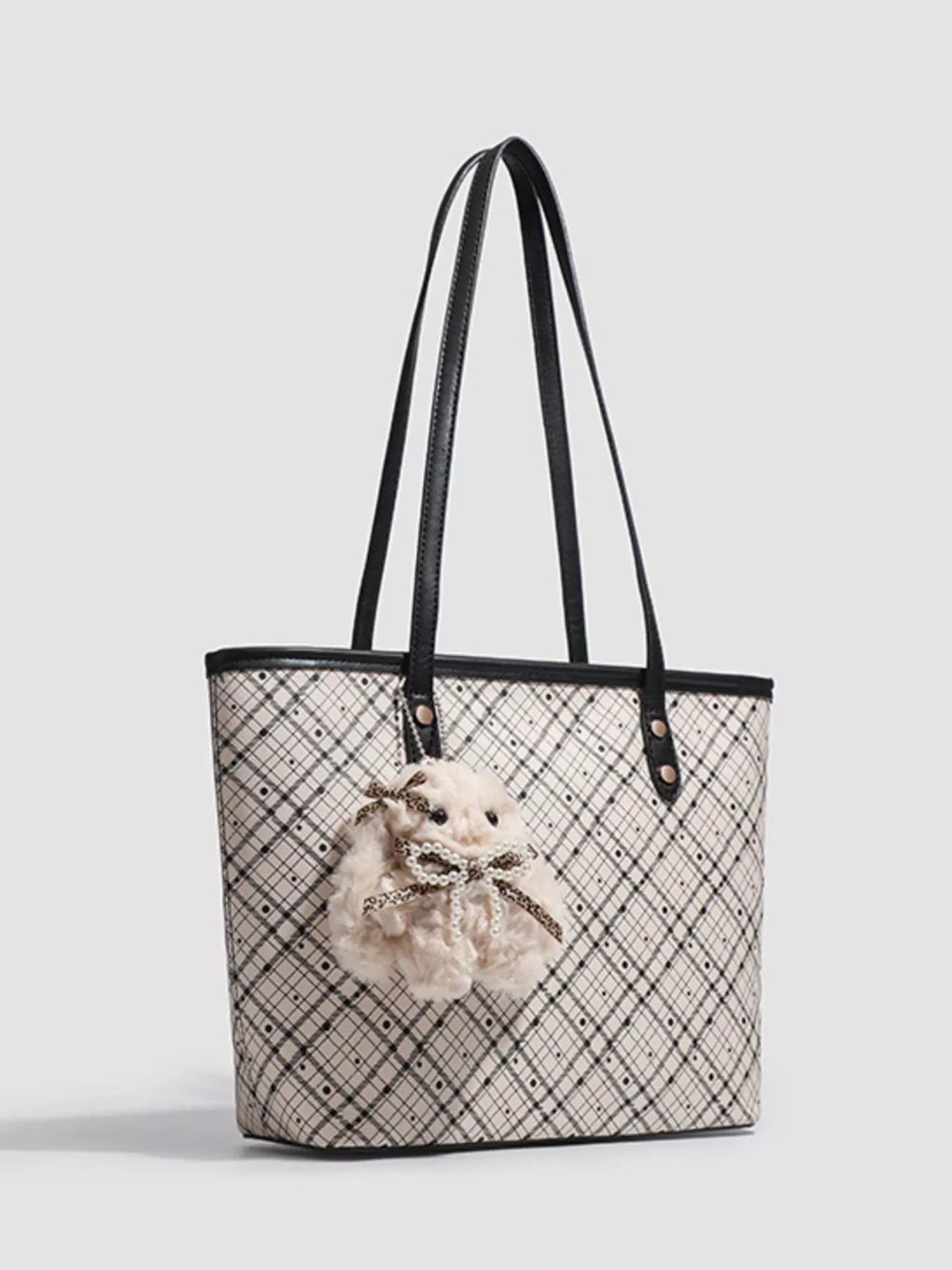 Plaid Tote Bag with Plush Charm Secondary image