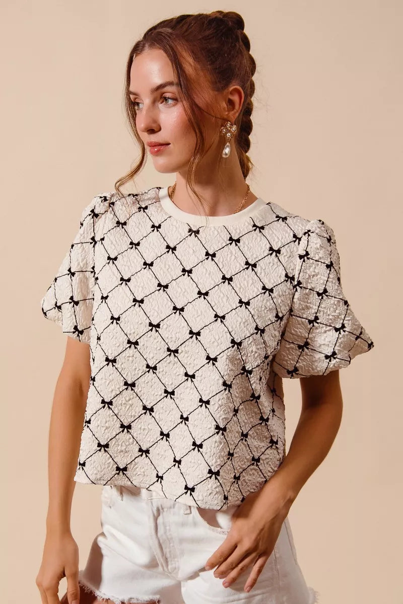 SO ME Bow Texture Woven Bubble Sleeve Top Secondary image