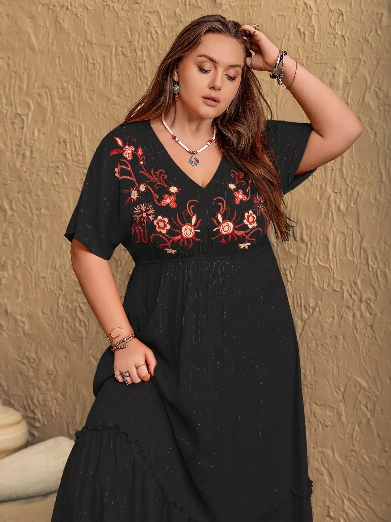 Plus Size Embroidered V-Neck Maxi Dress Secondary image