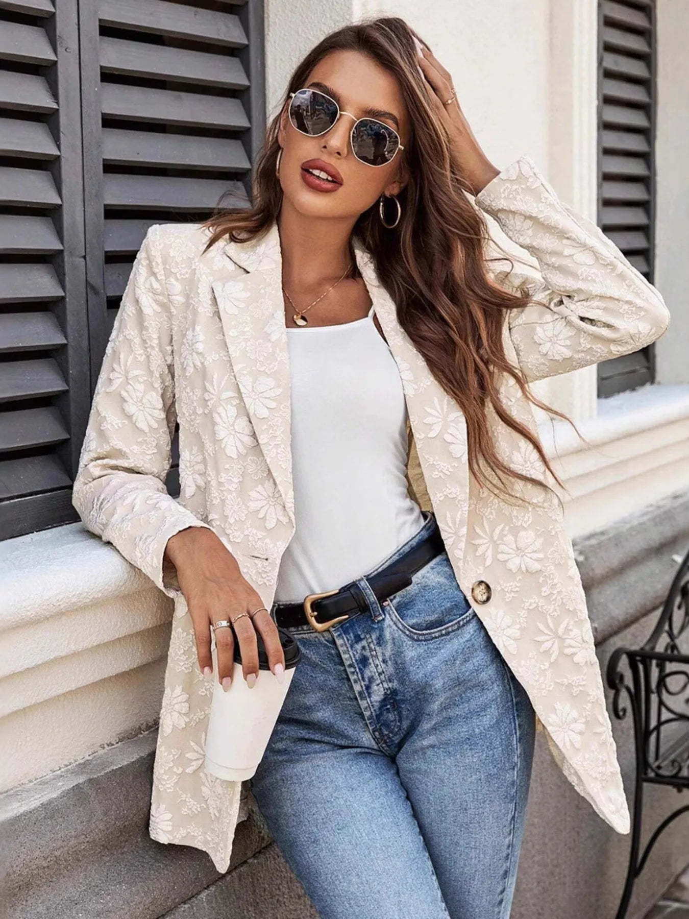 Floral Jacquard One Button Long Sleeve Blazer Secondary image