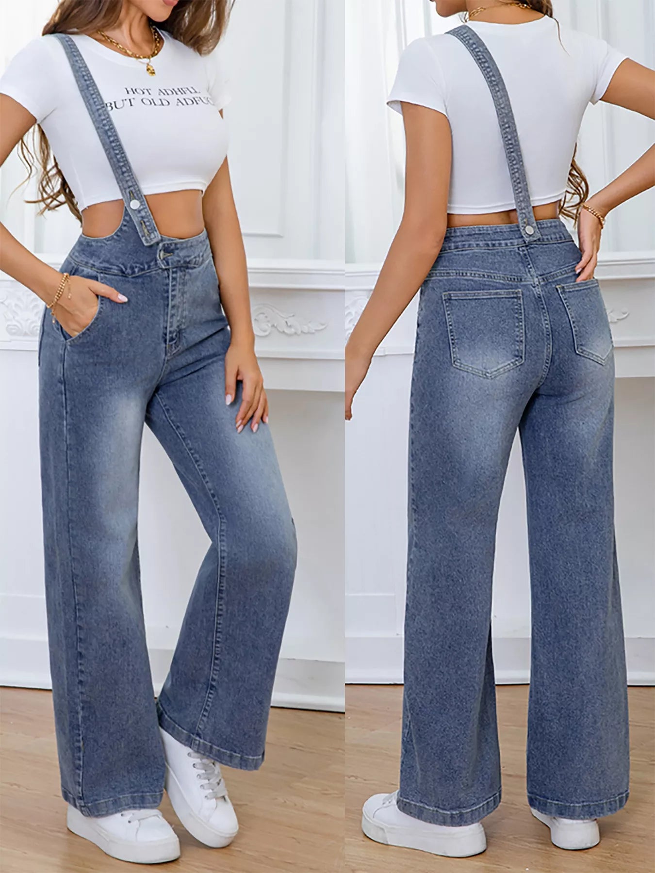 Adjustable Strap Washed Wide-Leg Denim Overalls Secondary image
