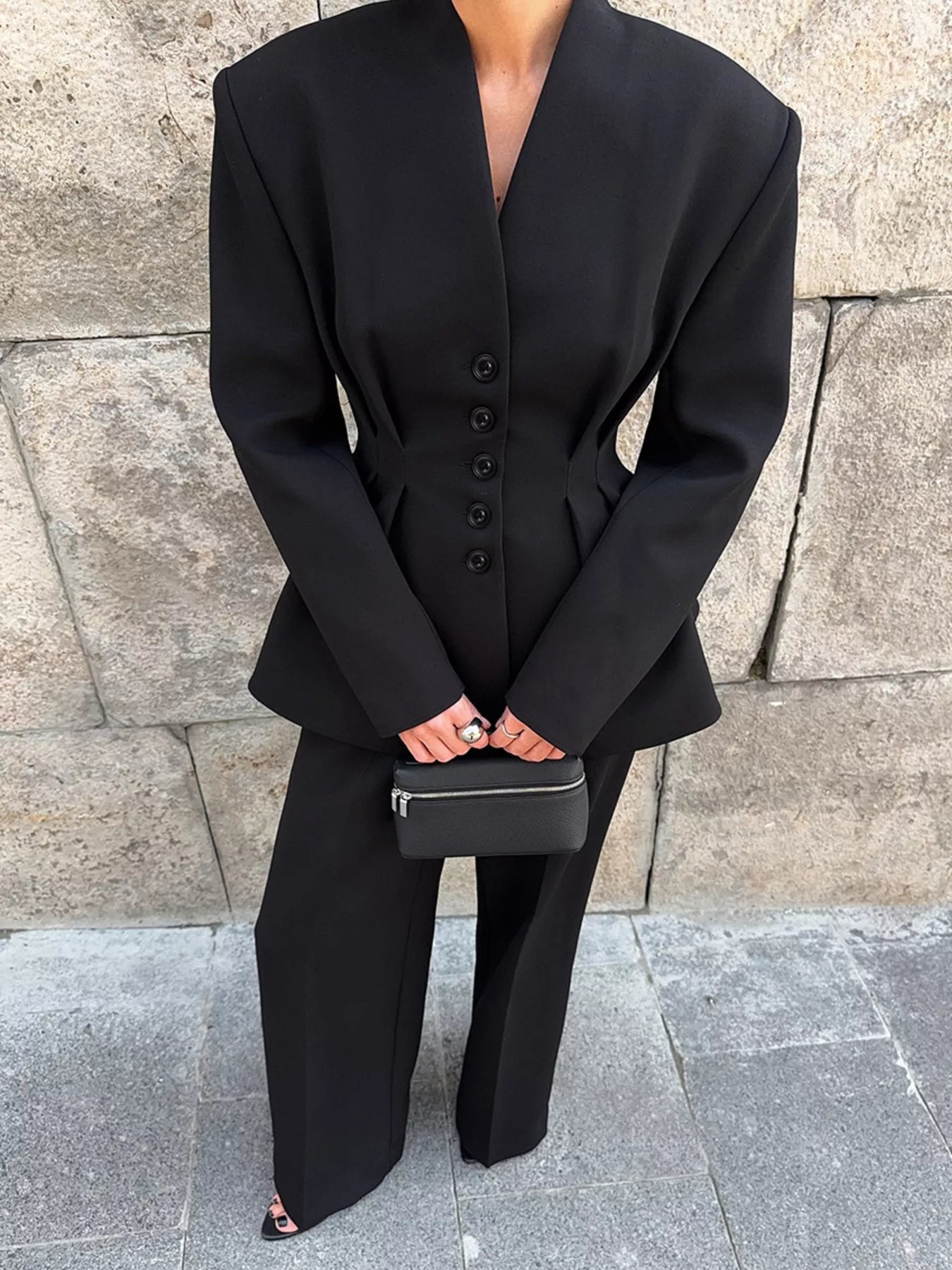 Chic Button Down Pleated Blazer and Wide-Leg Pants Suit Set Secondary image