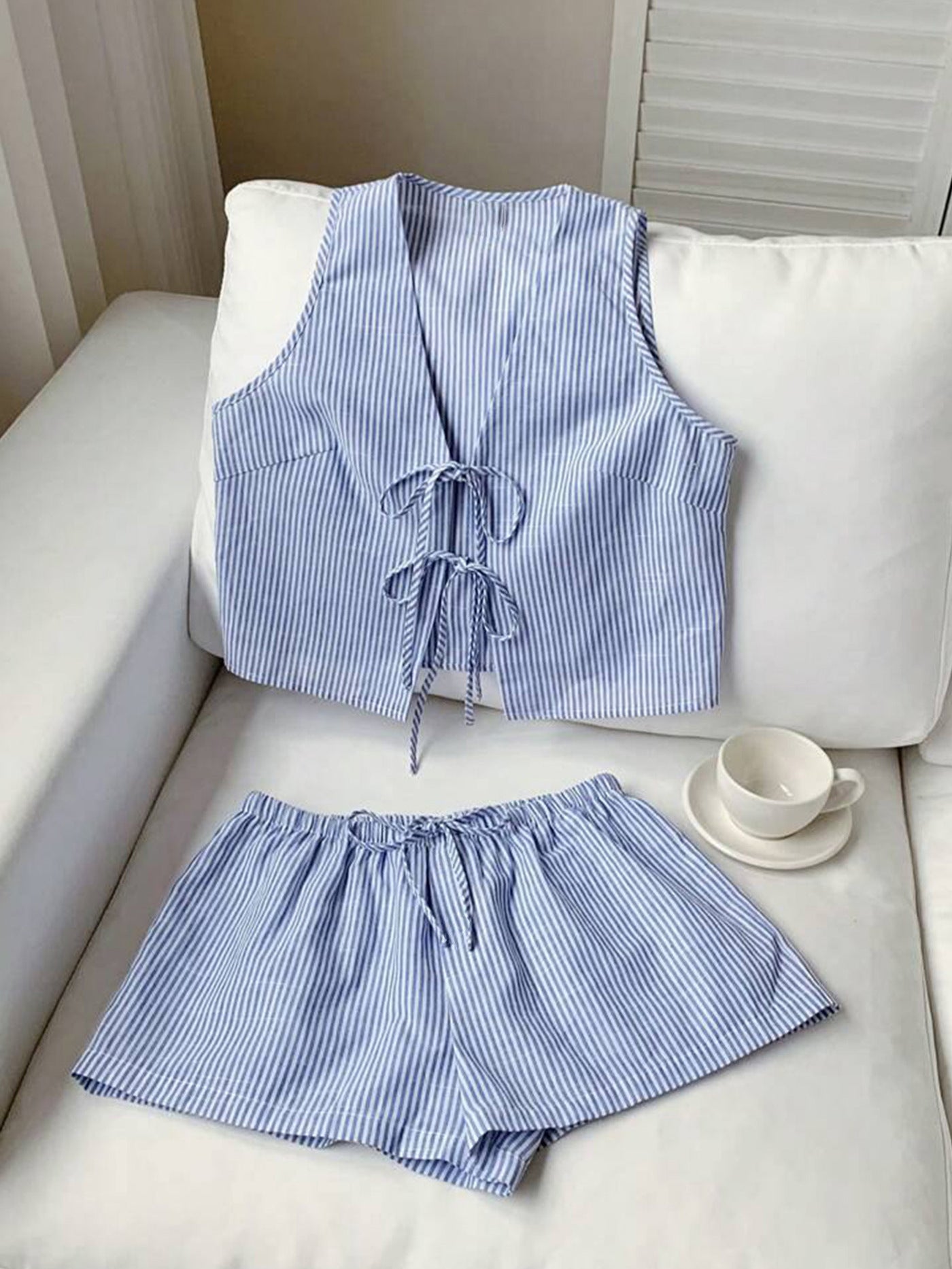 Striped Tie-Front Vest and Shorts Set Secondary image