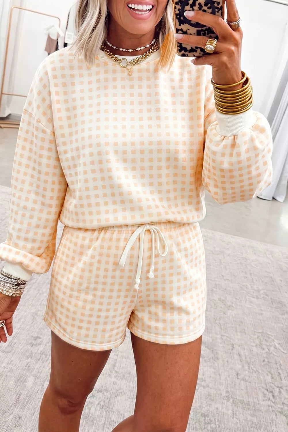 Gingham Long Sleeve Sweatshirt and Shorts Set – Pastel Yellow - photo 3