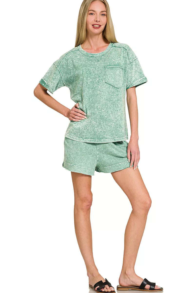 Zenana Halo Snow Washed Exposed Seam Top & Shorts Set Secondary image