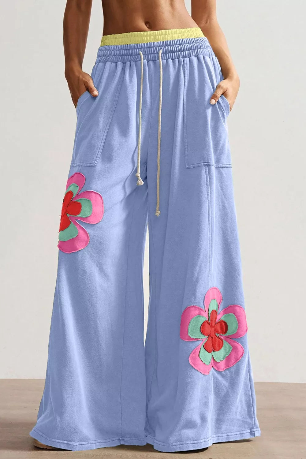 Color Block Flower Patchwork Drawstring Contrasted Elastic Waist Wide Leg Pants Secondary image