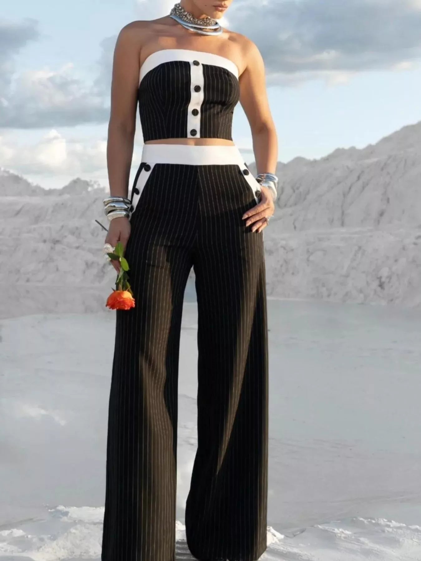 Striped Strapless Crop Top and Wide-Leg Pants Set Secondary image