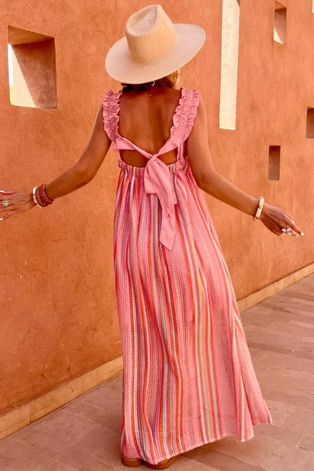 Stripe Ruffled Straps Ribbon Knot Flowy Vacation Maxi Dress Secondary image
