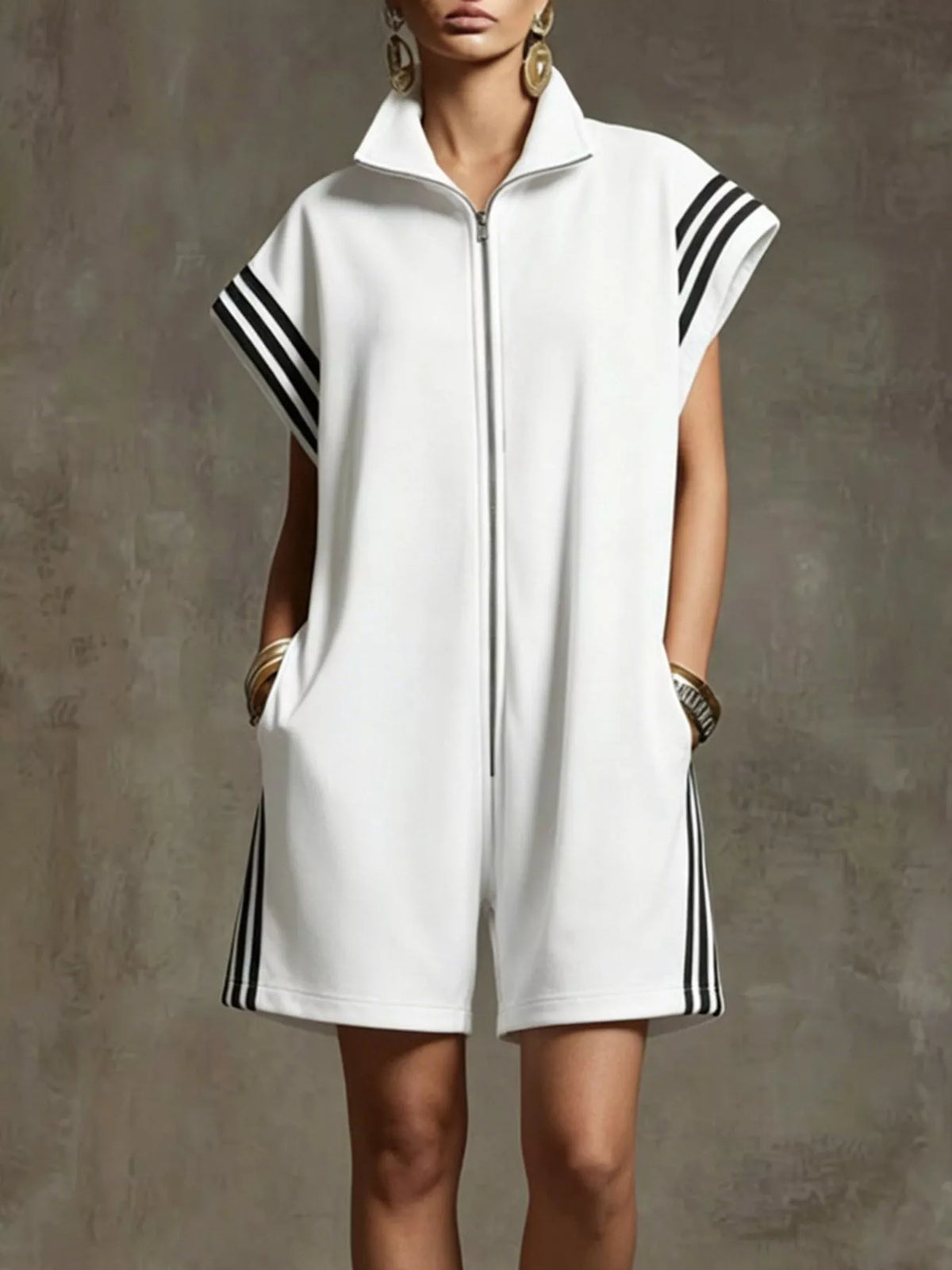 Striped Zip Front Short Sleeve Romper - photo 10