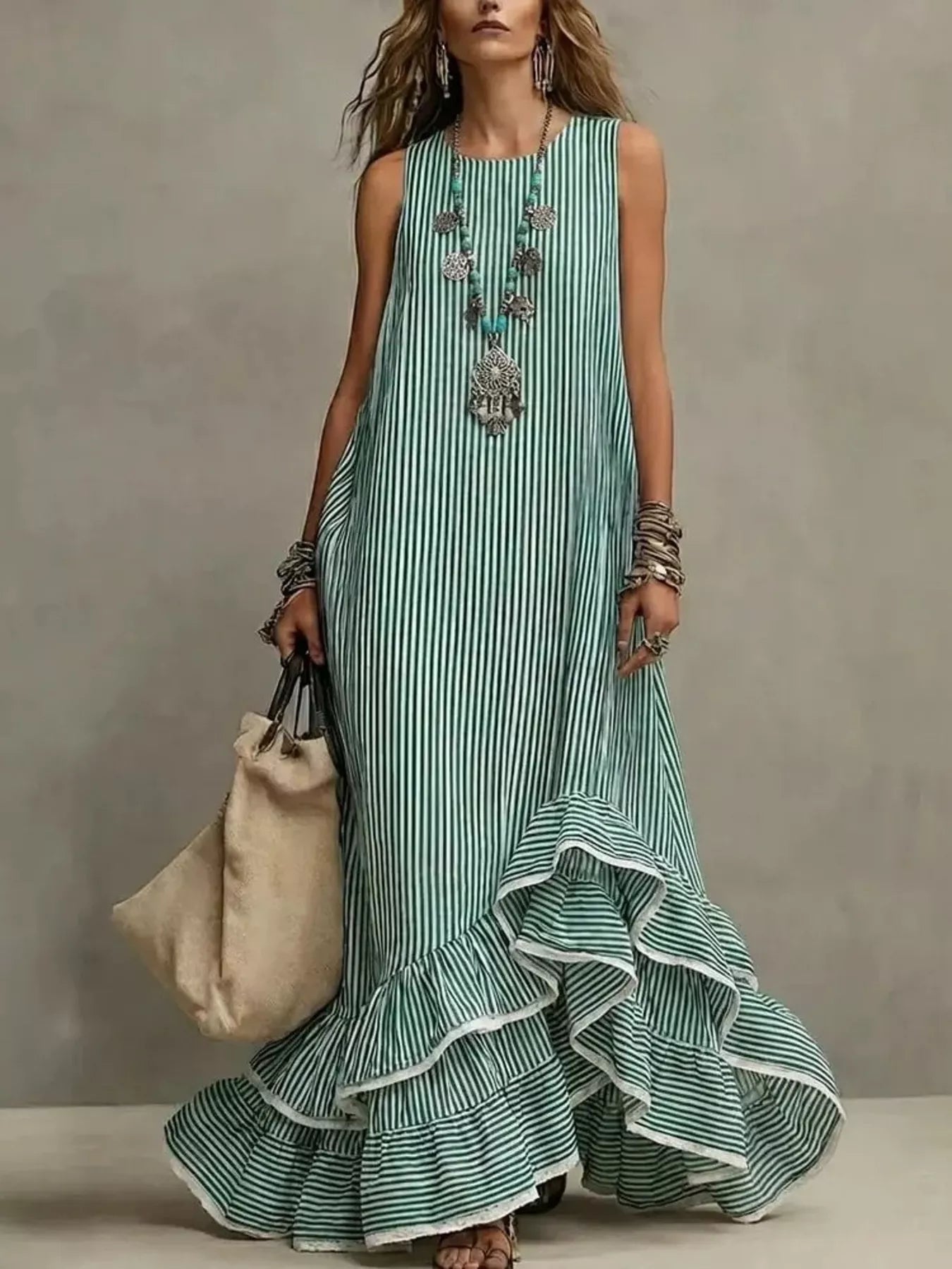 Striped Ruffle Hem Maxi Dress Secondary image