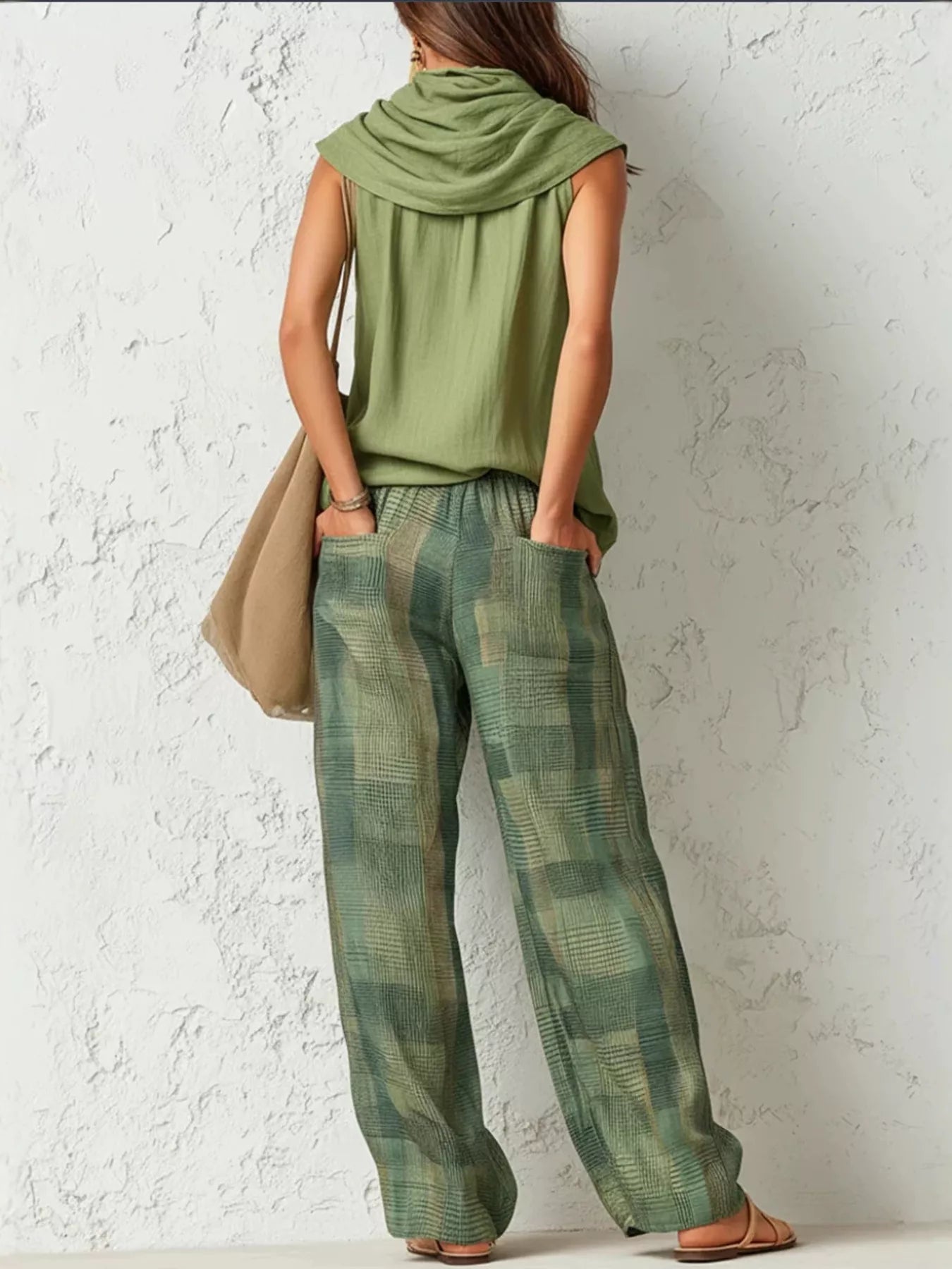 Sleeveless Cowl Neck Top and Plaid Wide-Leg Pant Set Secondary image