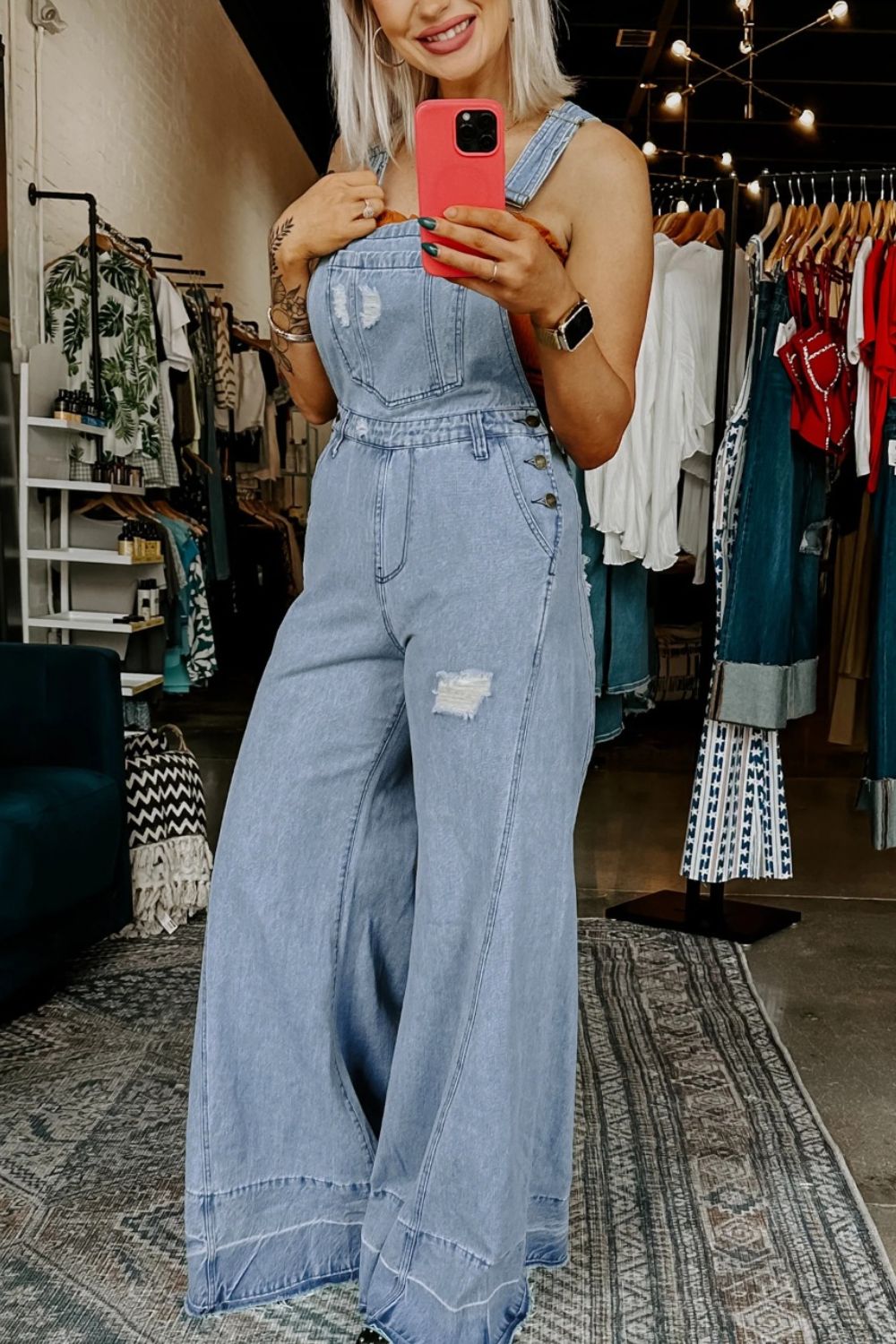Distressed Wide Leg Denim Overalls Secondary image