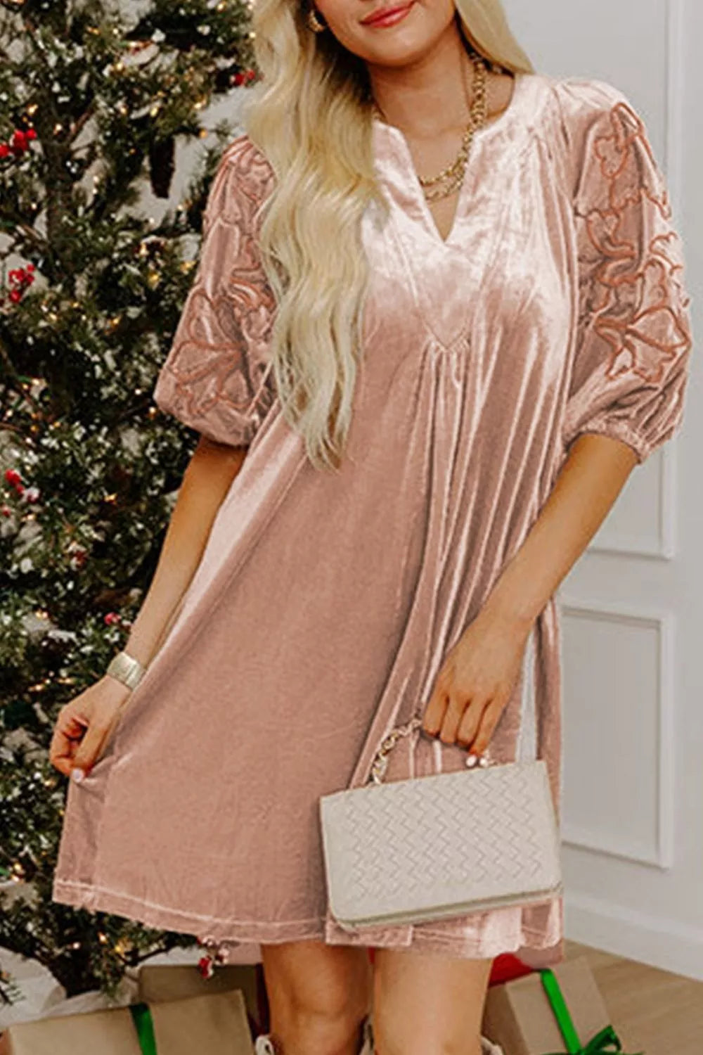 Embroidered‑Sleeve Velvet Mini Shift Dress Secondary image
