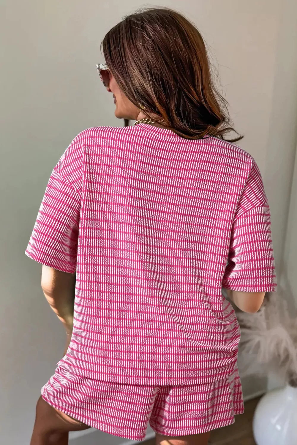 Stripe Raised Rib Loose Tee Drawstring Elastic Waist 2pcs Short Set Secondary image