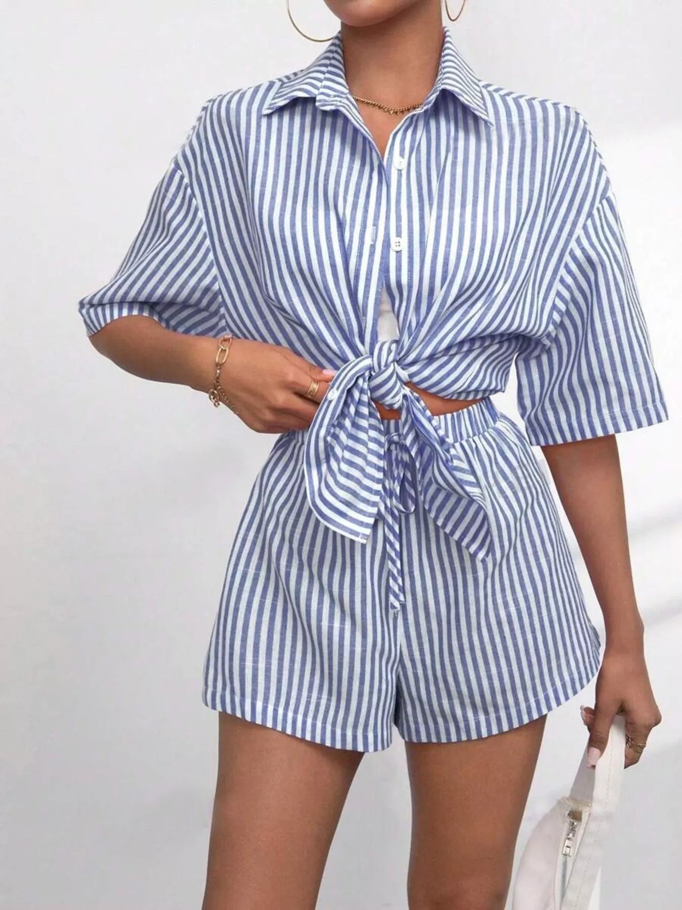 Striped Button Up Shirt and Shorts Casual Set Secondary image