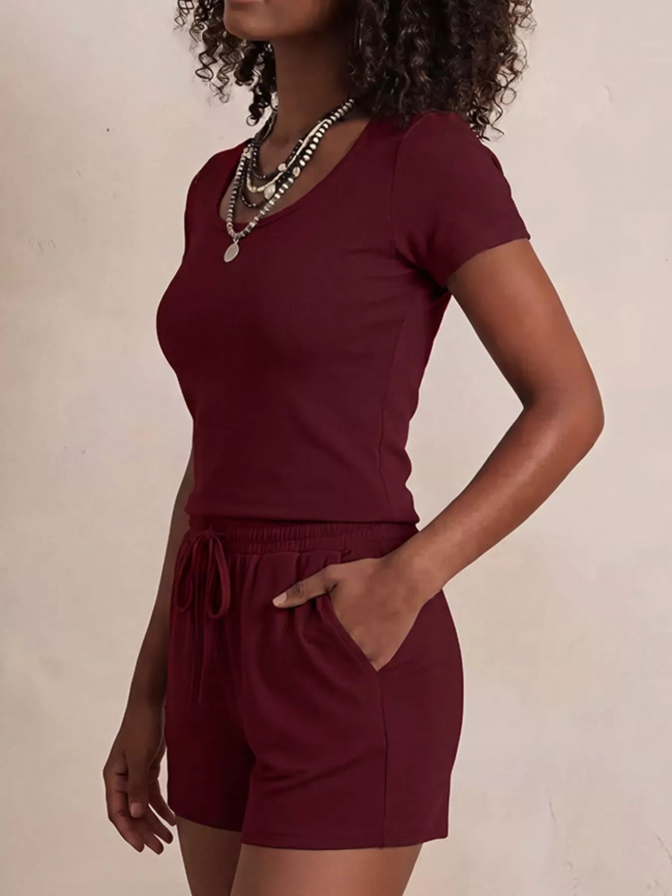 Solid Color Short Sleeve Tee and Shorts Set Secondary image