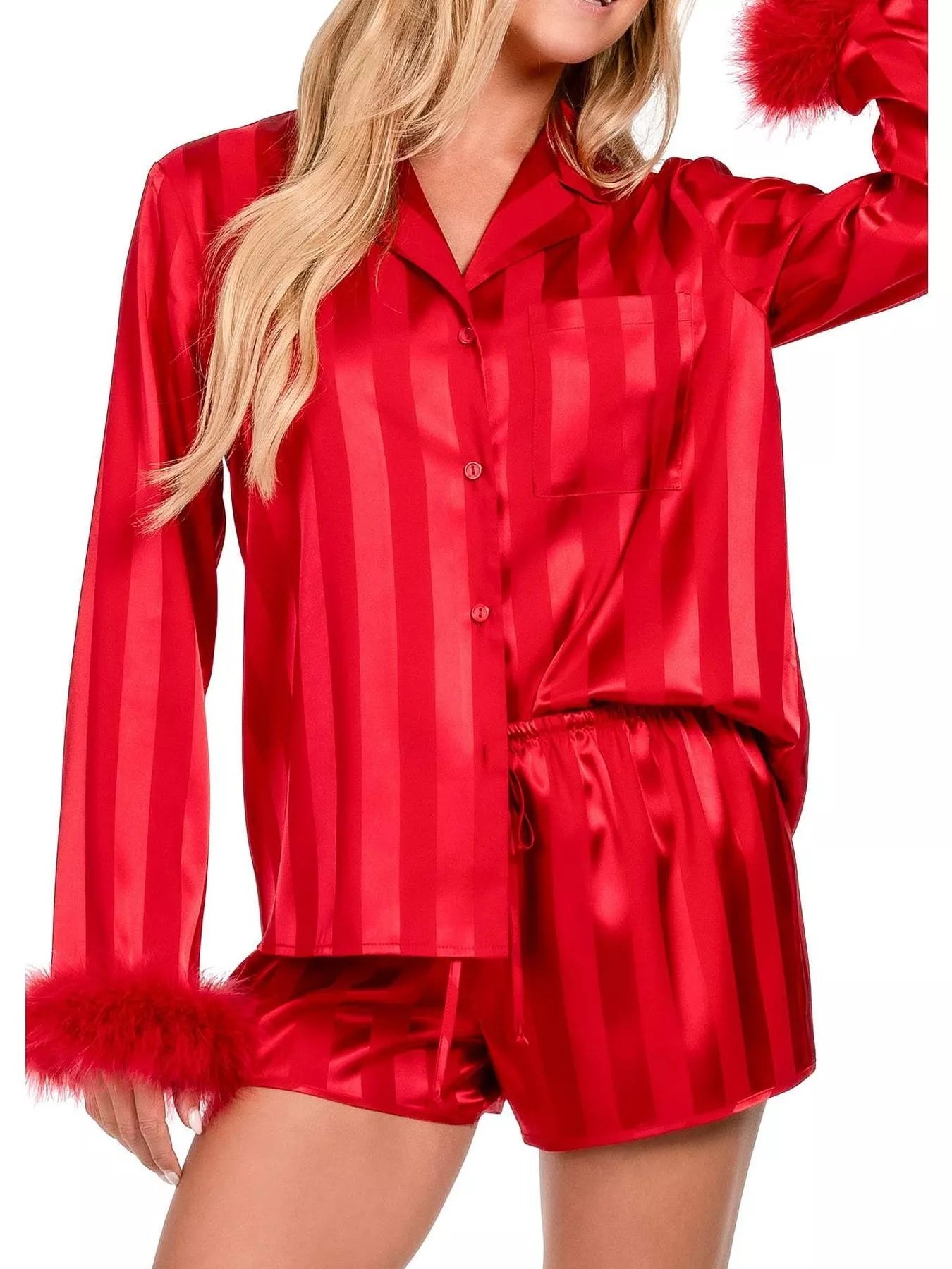 Striped Feather Trim Shirt and Shorts Lounge Set Secondary image