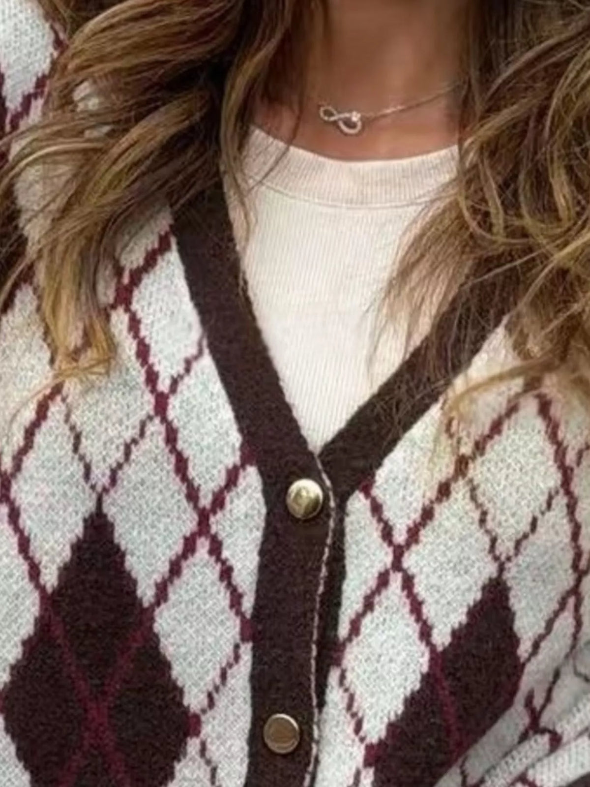 Full Size Argyle Pattern V-Neck Button-Down Knit Cardigan Plus Size - photo 2